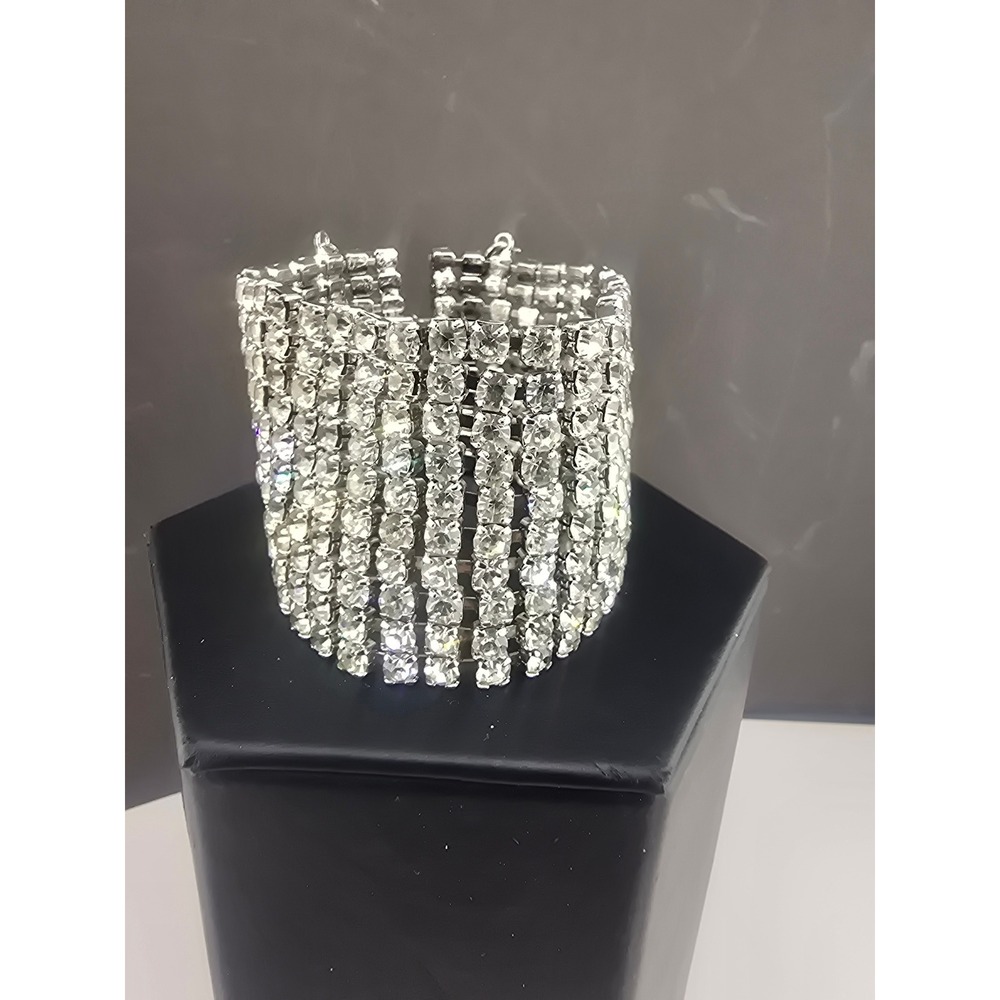 Vintage Rhinestone Bracelet 11 Row Silver Tone 7in